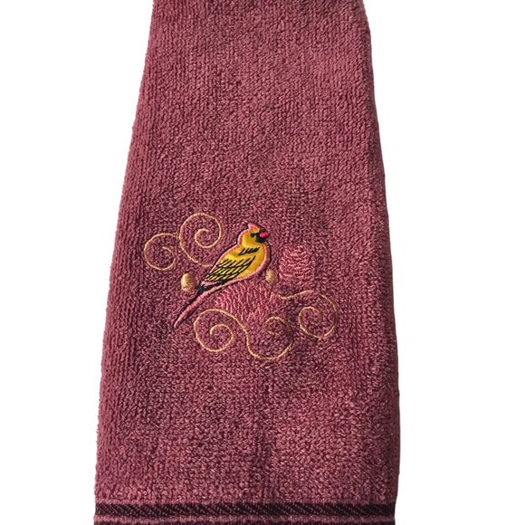 Vintage Oriole Bird Tea Towel Embroidered Hand Kitchen Bath Yellow Burgundy - Picture 1 of 14